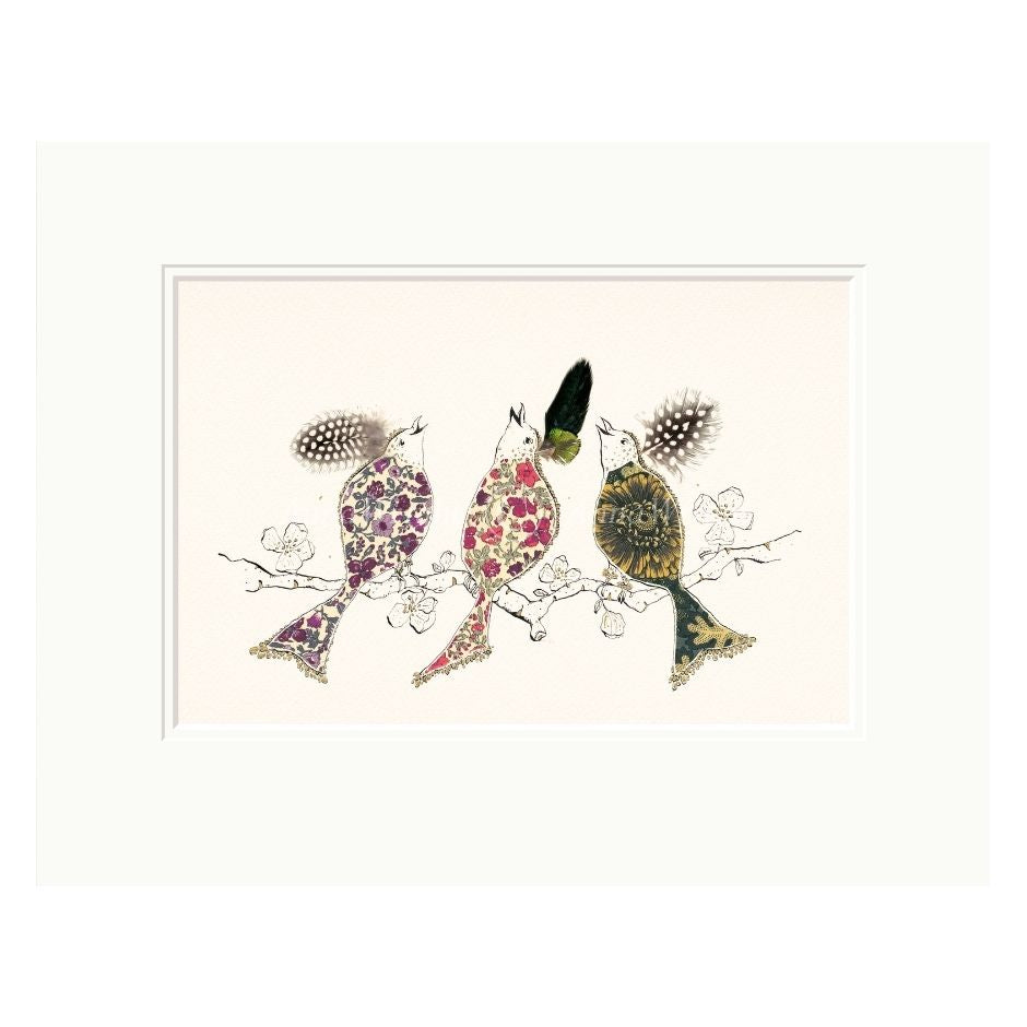 Decorative card with colorful birds on a branch against a light background
