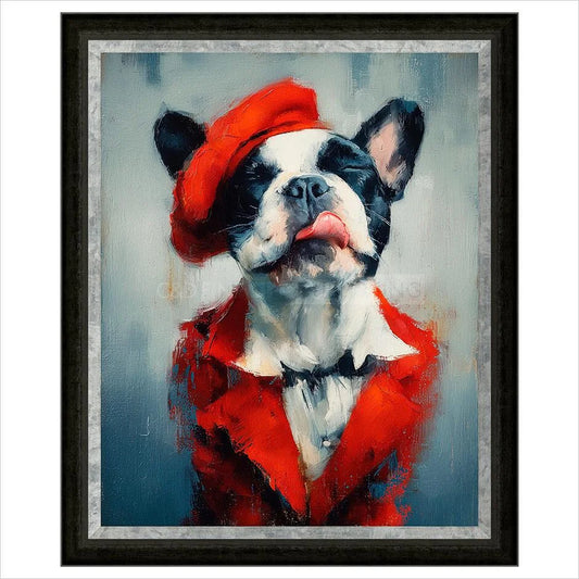 Painting of a dog wearing a red outfit and hat on a gray background