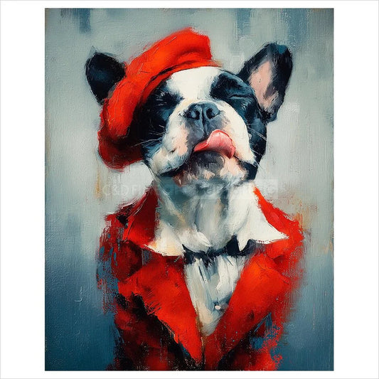 Painting of a dog wearing a red outfit and hat on a gray background