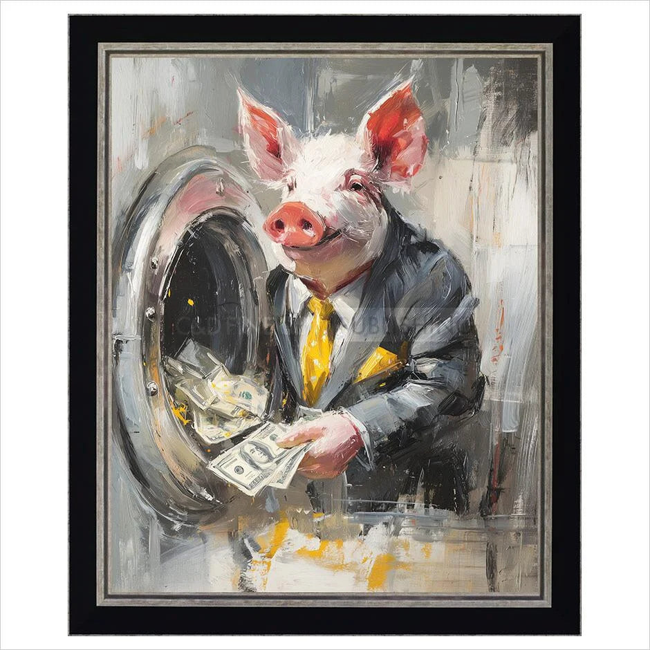 Painting of a pig in a suit with a briefcase, holding money in front of an open safe.