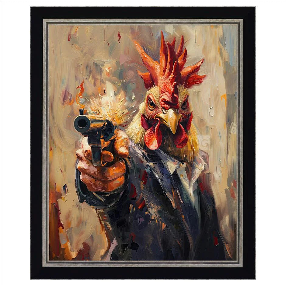 Painting of a rooster holding a gun with a stylized background