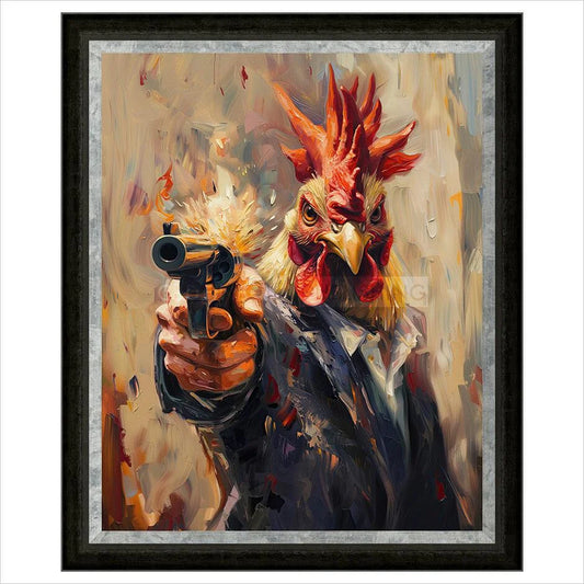 Painting of a rooster holding a gun with a dynamic background