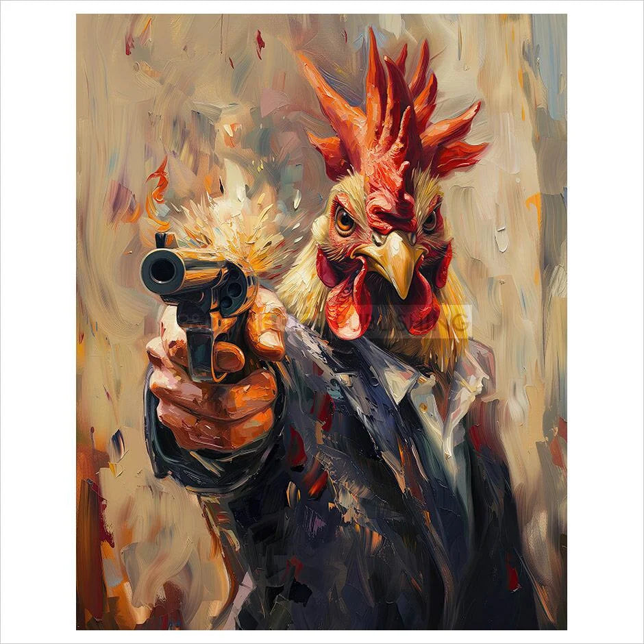 Painting of a rooster holding a gun with flames coming out, wearing a suit.