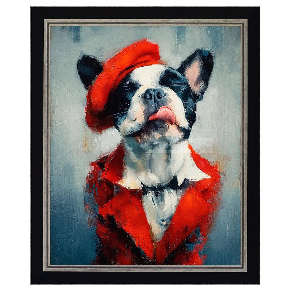 Painting of a dog wearing a red outfit and hat on a blue background