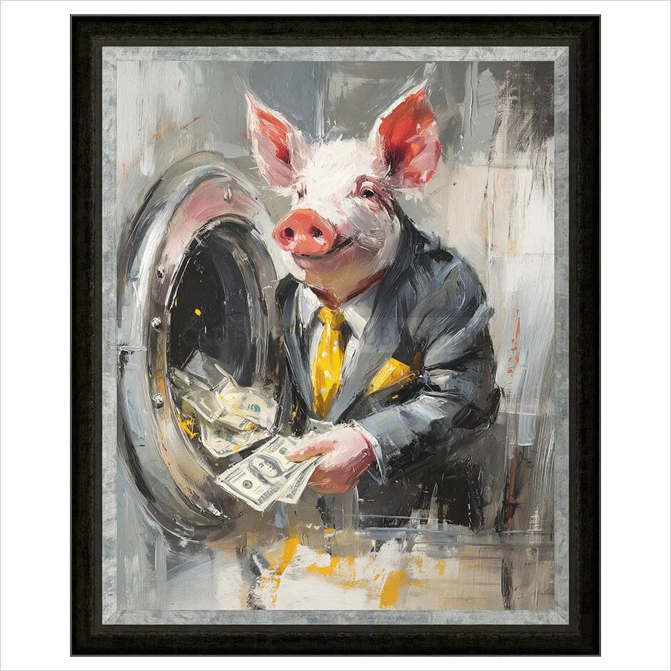 Painting of a pig in a suit with a briefcase, holding money, framed in black.