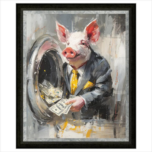 Painting of a pig in a suit with a briefcase, holding money, framed in black.