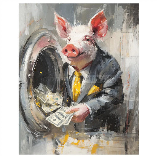 Painting of a pig in a suit with a briefcase, holding money, emerging from a washing machine.