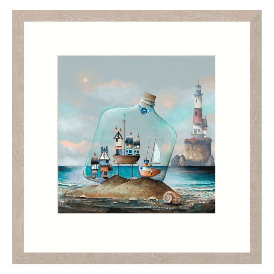 Framed artwork of a lighthouse and boats inside a bottle on an island.