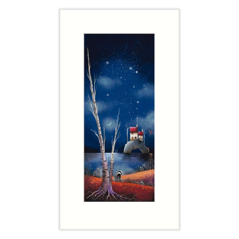 Framed artwork of a lighthouse on an island under a starry night sky with a tree in the foreground.