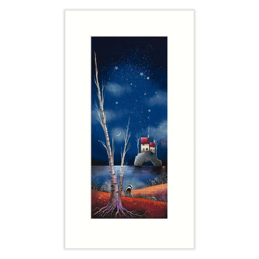 Framed artwork of a lighthouse on an island under a starry night sky with a tree in the foreground.