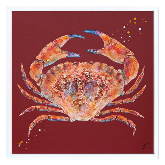 Colorful crab illustration on a red background