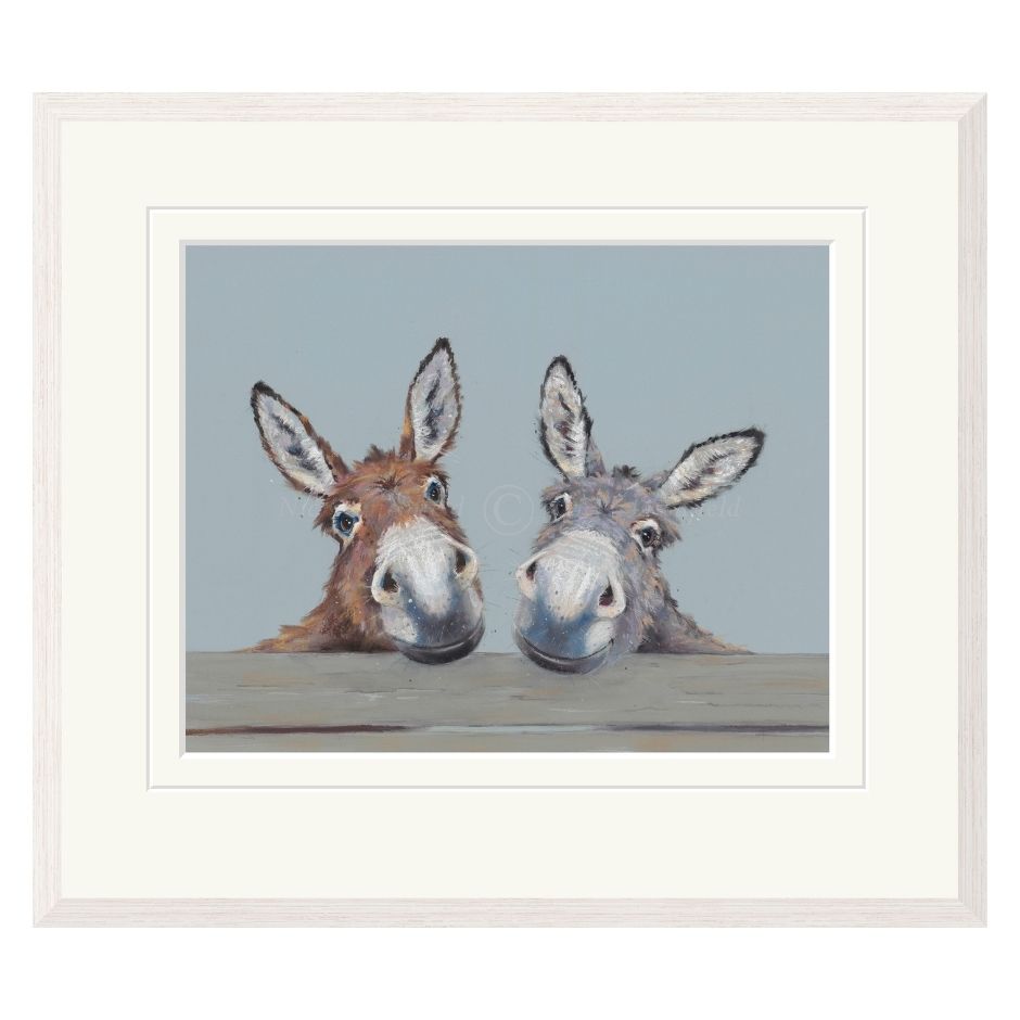 Framed artwork of two donkeys with a light blue background
