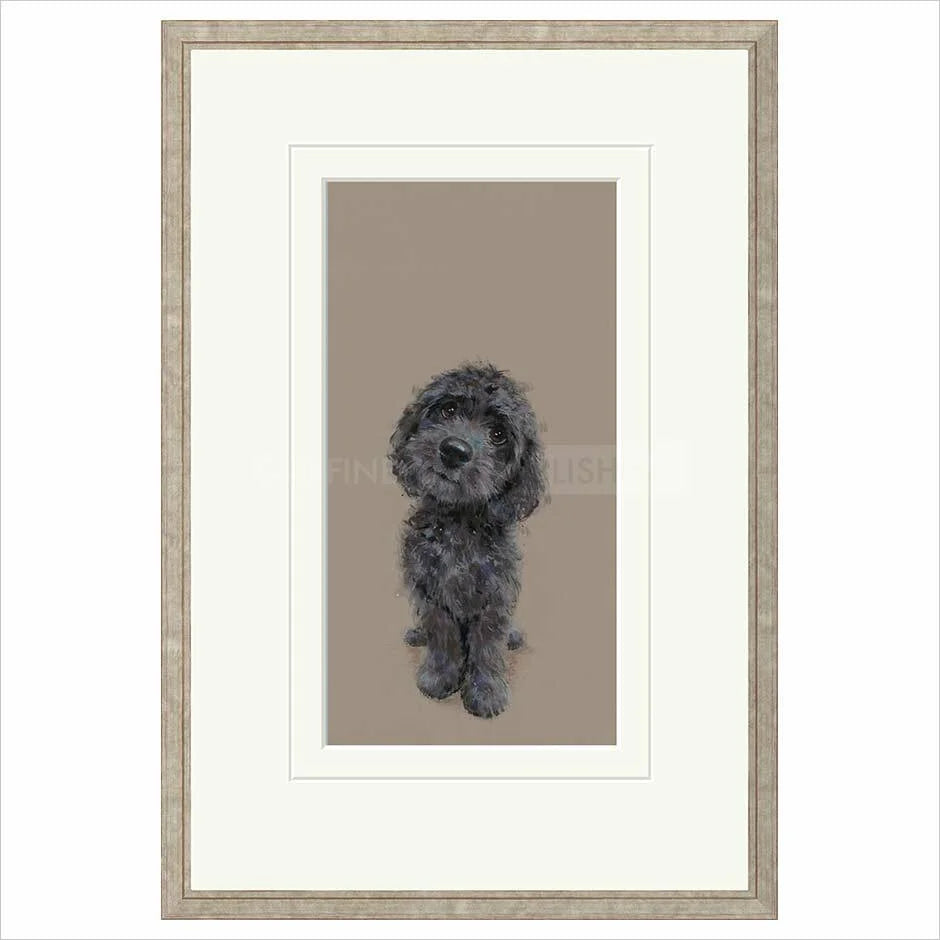 Framed artwork of a gray dog on a beige background