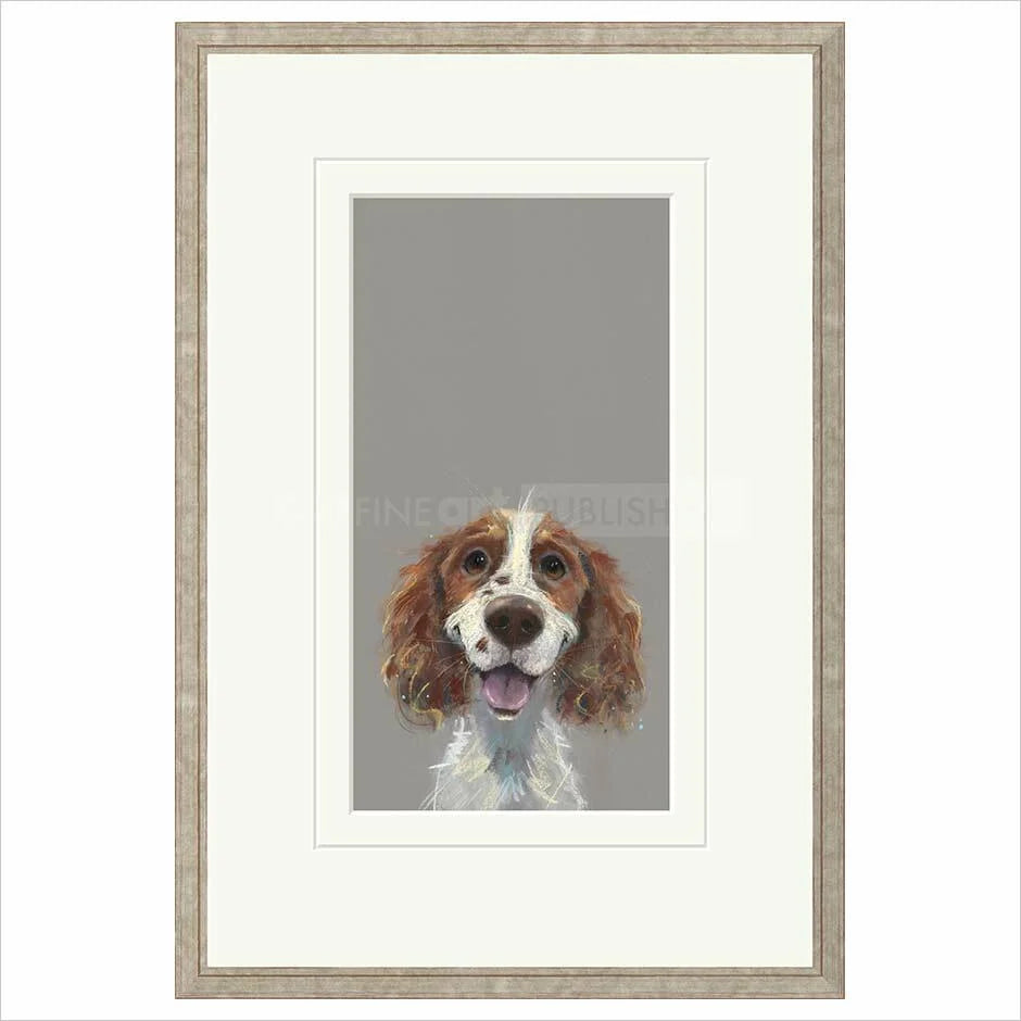 Framed artwork of a dog's portrait on a gray background