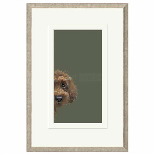 Framed artwork of a dog's face on a green background