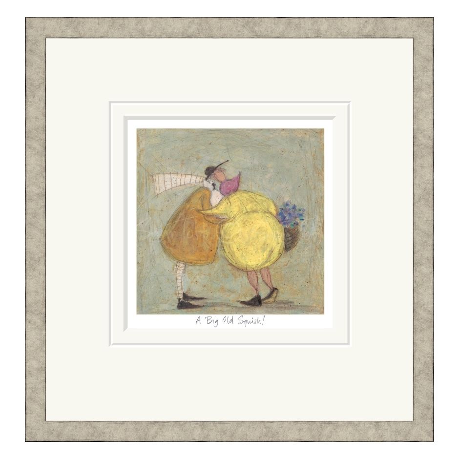 framed artwork of two people hugging holding a bunch of flowers in a basket on a muted background