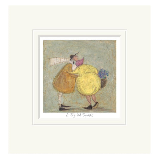 mounted artwork of two people hugging holding a bunch of flowers in a basket on a muted background