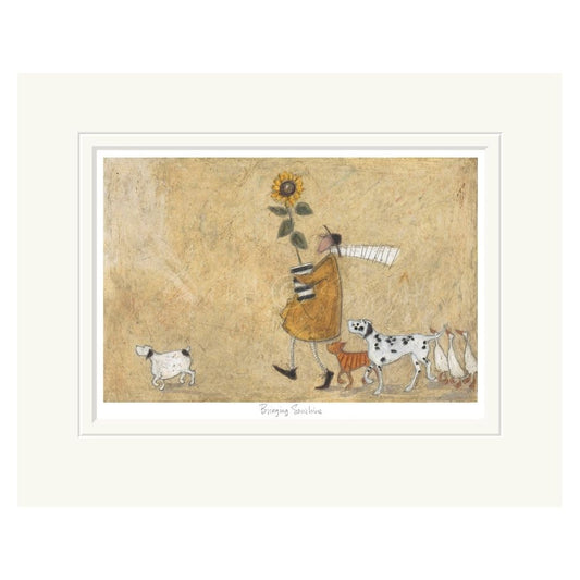 Mounted Illustration of a person holding a sunflower, accompanied by two dogs and a cat, on a textured beige background.