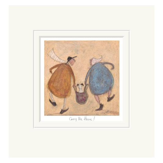 mounted artwork of two stylized figures holding handles of bag containing a dog on a beige background.