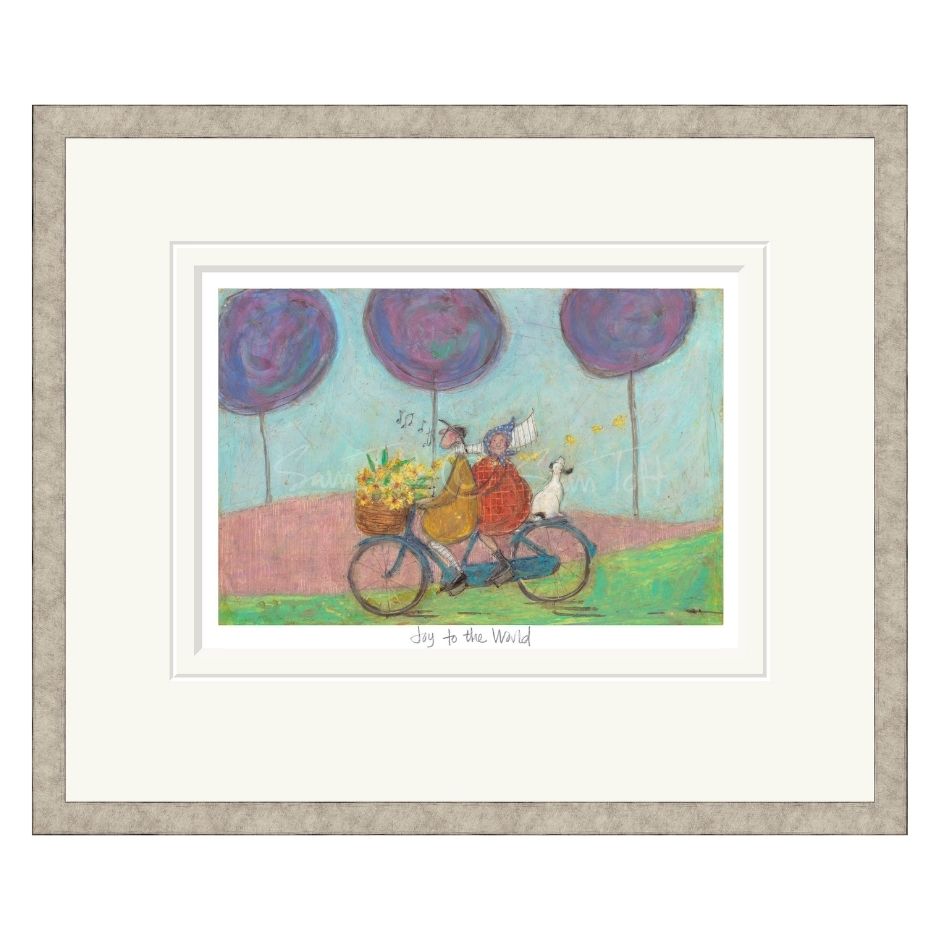 Framed artwork of a couple on a bicycle with a dog, under purple trees.