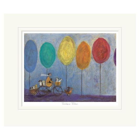 Mounted illustration of a man on a bicycle with dogs, surrounded by colorful circular trees.