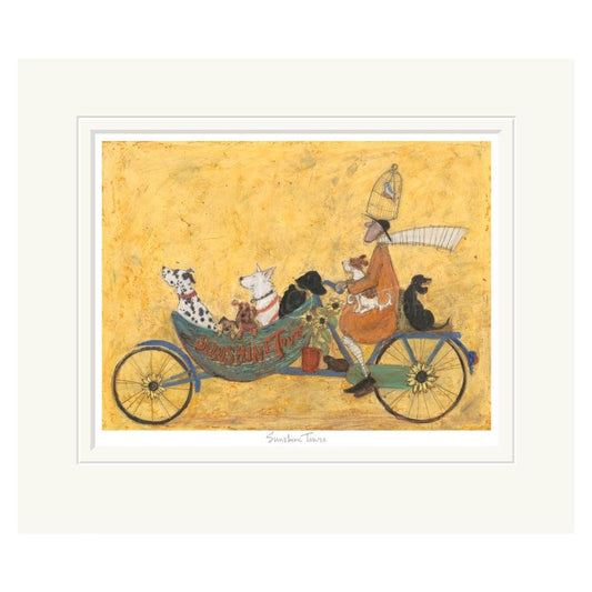 Framed artwork of a person riding a bicycle with dogs on a yellow background