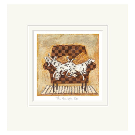 Mounted illustration of two black and white dogs laying on a patterned sofa against a beige background.