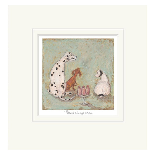 Mounted Artistic illustration of three dogs around a table with small cakes on a textured background