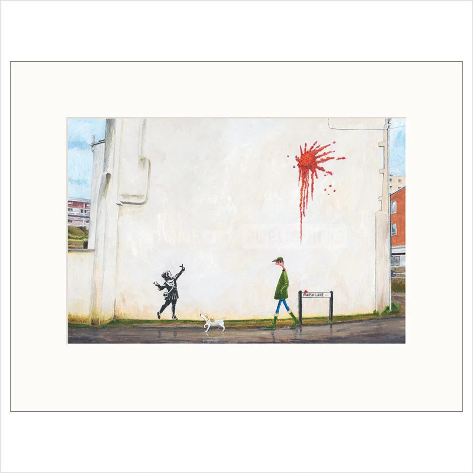 Street art of a person walking a dog with a red spray paint splash on a wall.