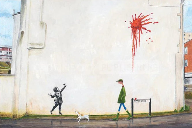 Street art of a person walking a dog with a red spray paint splash on a wall.