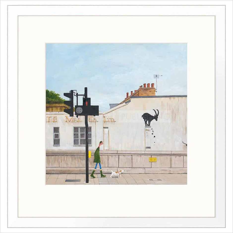 Illustration of a person walking a dog on a city street with buildings and traffic lights in the background.