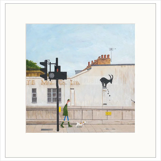 Illustration of a person walking a dog on a city street with a building and sign in the background.