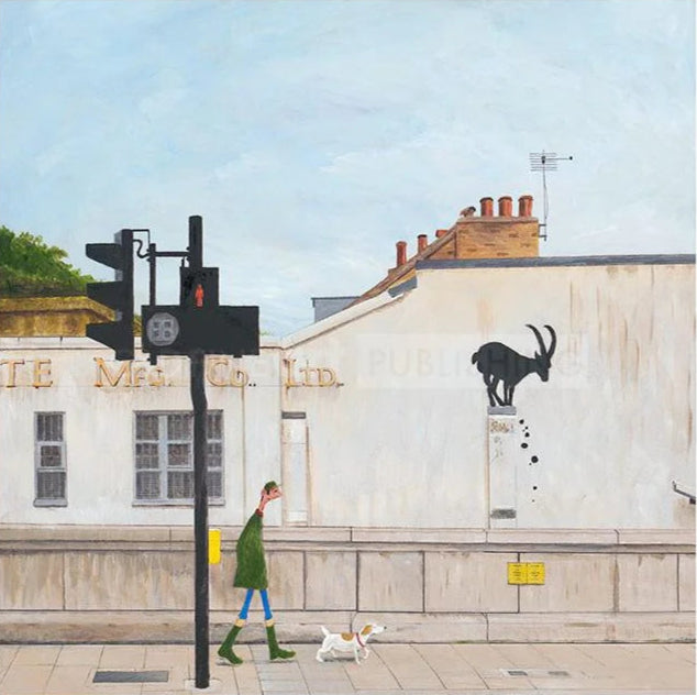 Street scene with a person walking a dog near traffic lights and a building with a goat sculpture.