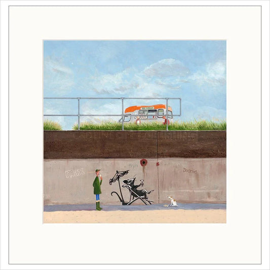 Artistic depiction of a person with a dog and a stroller against a concrete wall with graffiti.