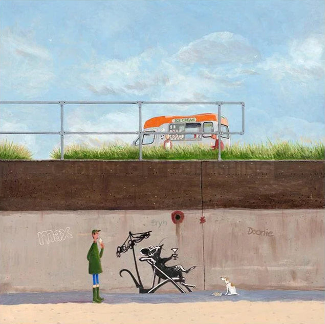 Artistic depiction of a person with a dog and a stroller against a concrete wall with graffiti.