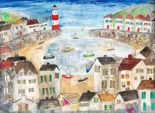 Colorful illustration of a coastal town with houses and a lighthouse.