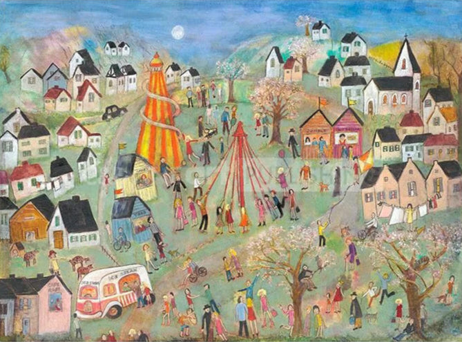 Colorful illustration of a village scene with people, houses, and a tall orange and yellow structure.
