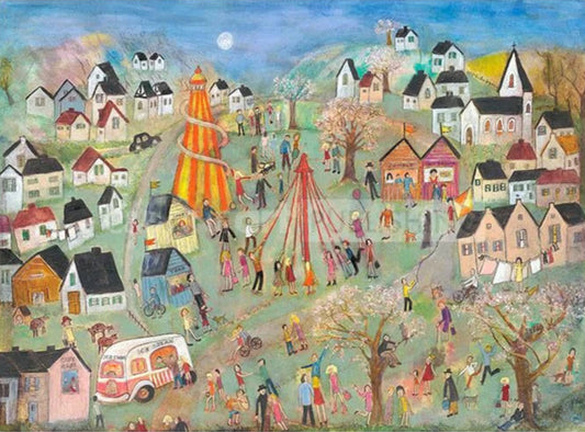 Colorful illustration of a village scene with people, houses, and a tall orange and yellow structure.