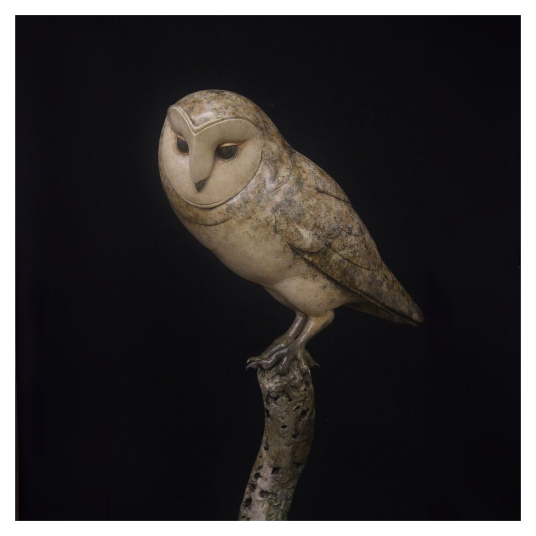 Stone owl sculpture on a branch against a black background