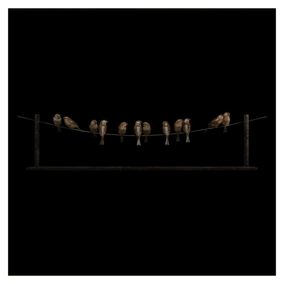 Artistic depiction of birds perched on a wire against a black background