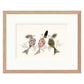 Framed artwork of three stylized birds on a branch with a white background