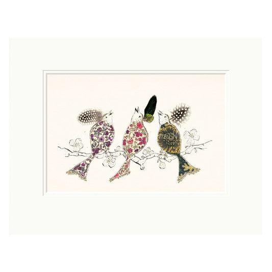 Decorative card with colorful birds on a branch against a light background