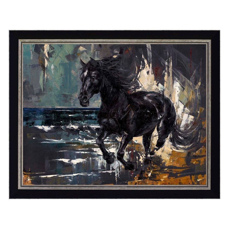 Framed painting of a black horse running on a textured background