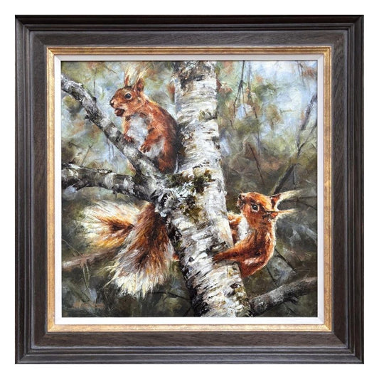 Framed artwork of two squirrels on a tree branch with a natural background.