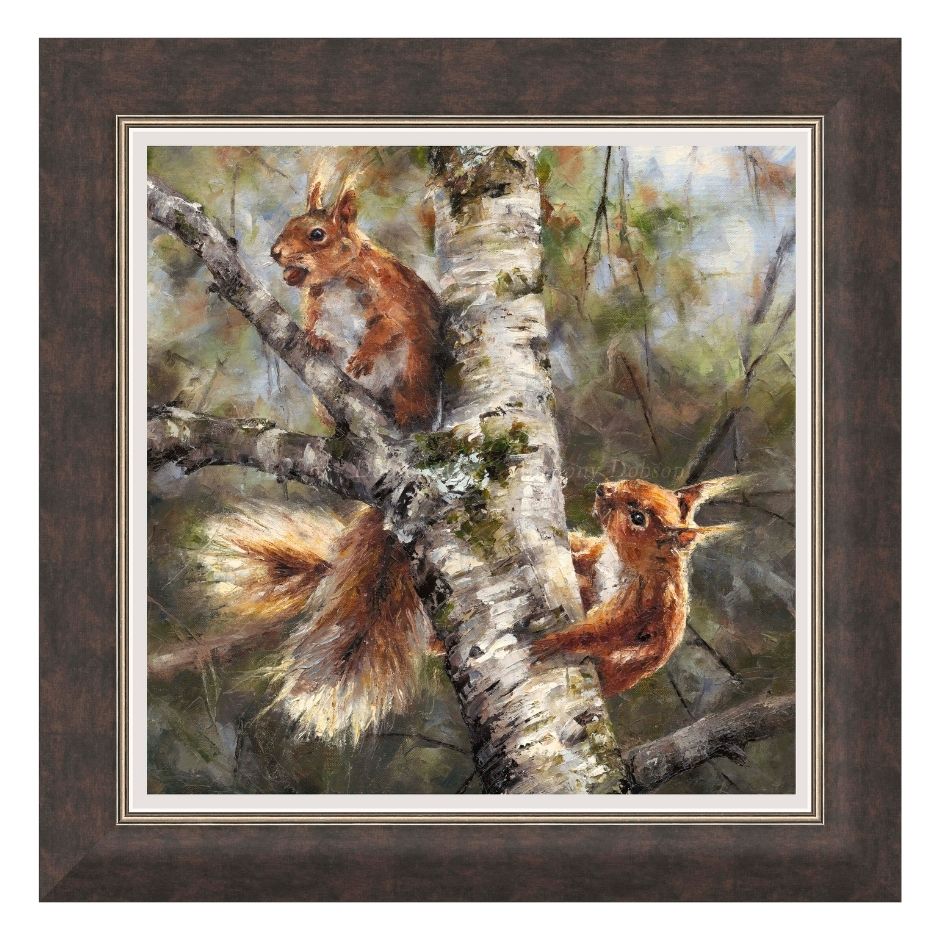 Framed artwork of two squirrels on a tree branch with a natural background.