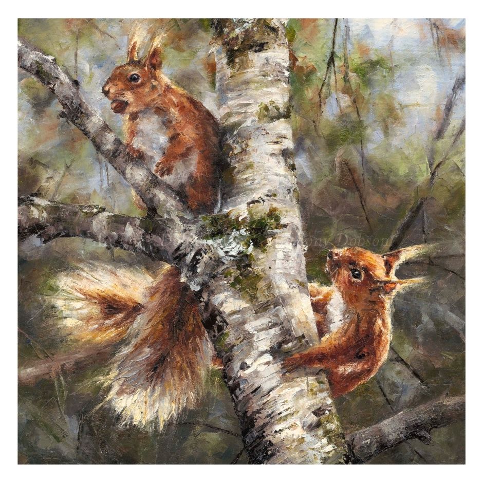 Two squirrels on a tree branch with a natural forest background