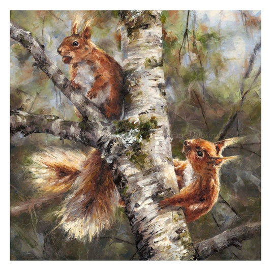 Two squirrels on a tree branch with a natural forest background