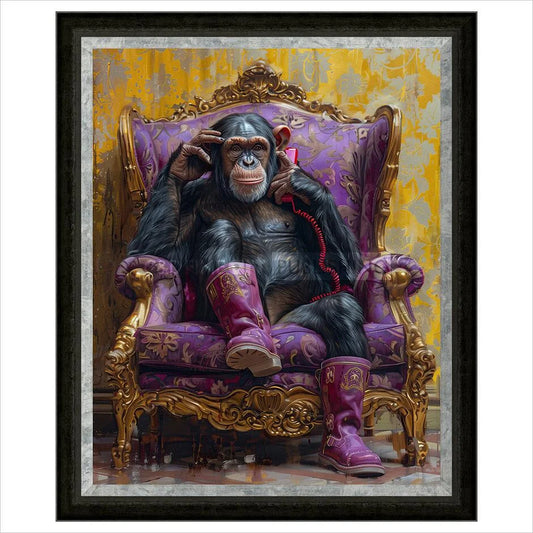 Chimpanzee in a stylish outfit sitting on a purple chair with gold accents.