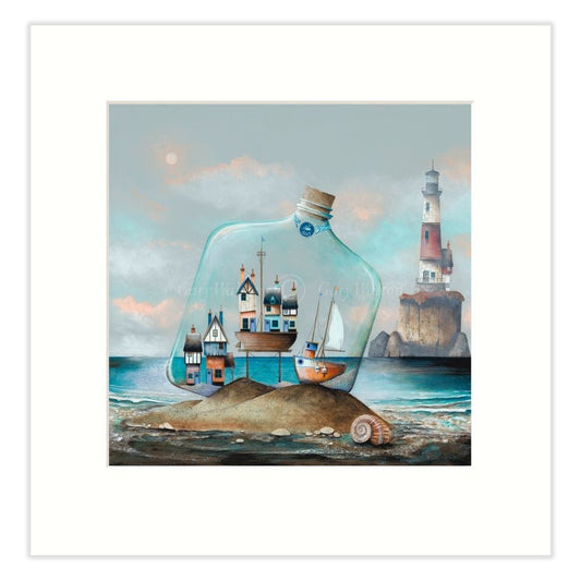 Illustration of a bottle with a miniature world inside, including houses, boats, and a lighthouse.