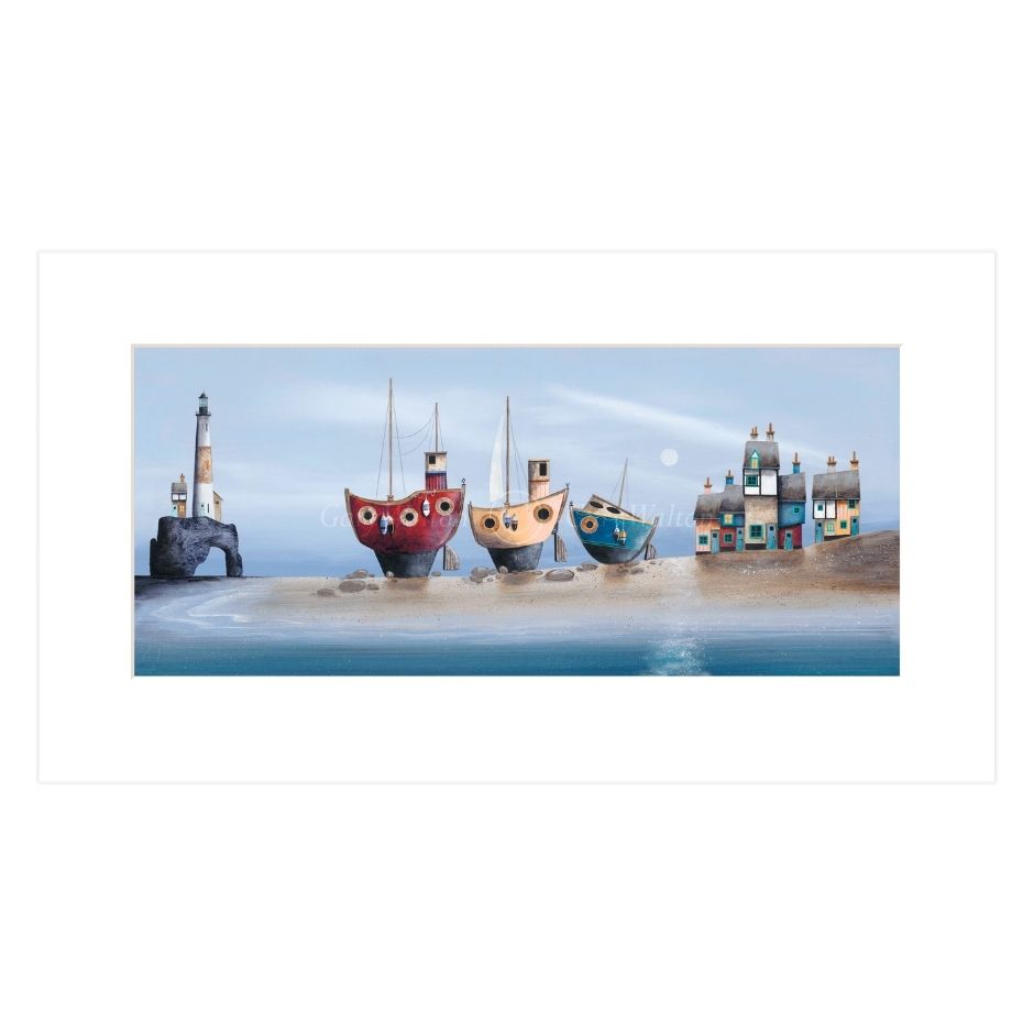 Illustration of three boats and a lighthouse on a beach with a blue sky.